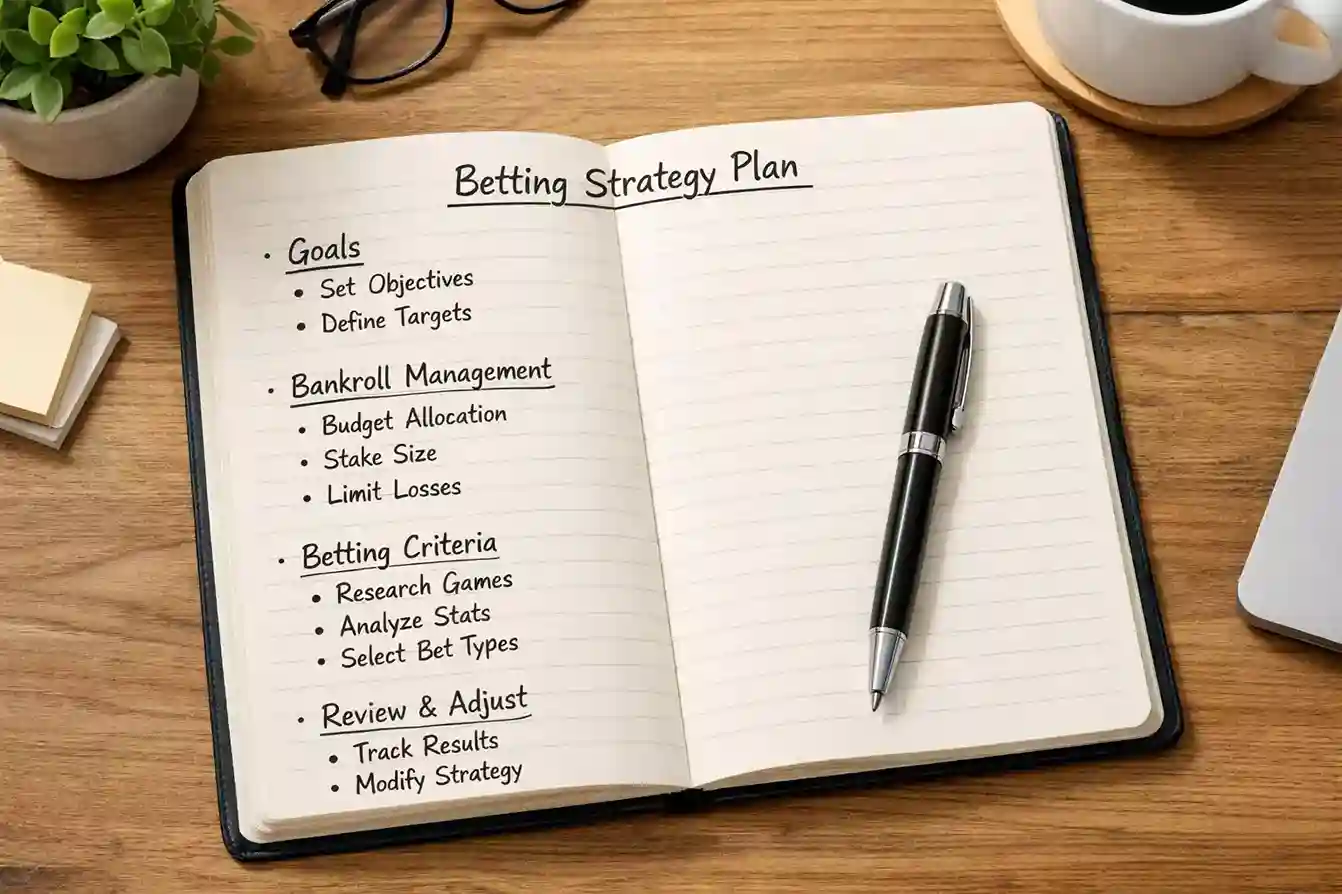 Notitieboek met wedstrategie planning en een pen