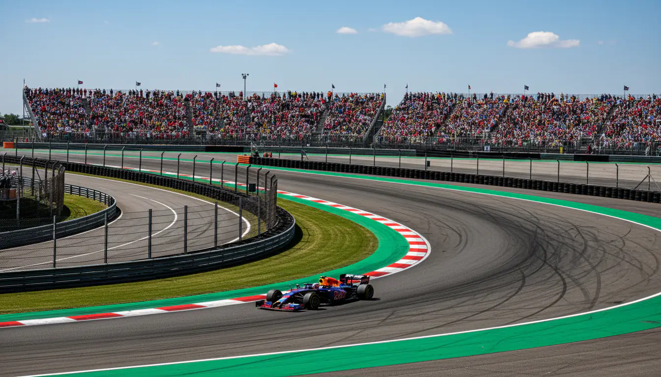 Formule 1-circuit met kenmerkende bochten en tribunes vol toeschouwers