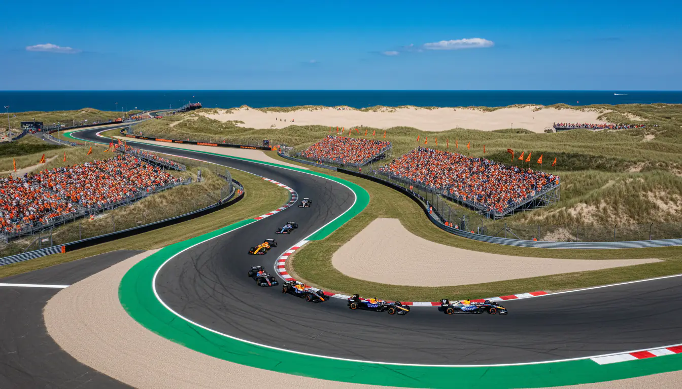 Circuit Zandvoort met tribunes vol oranje fans tijdens de Dutch Grand Prix