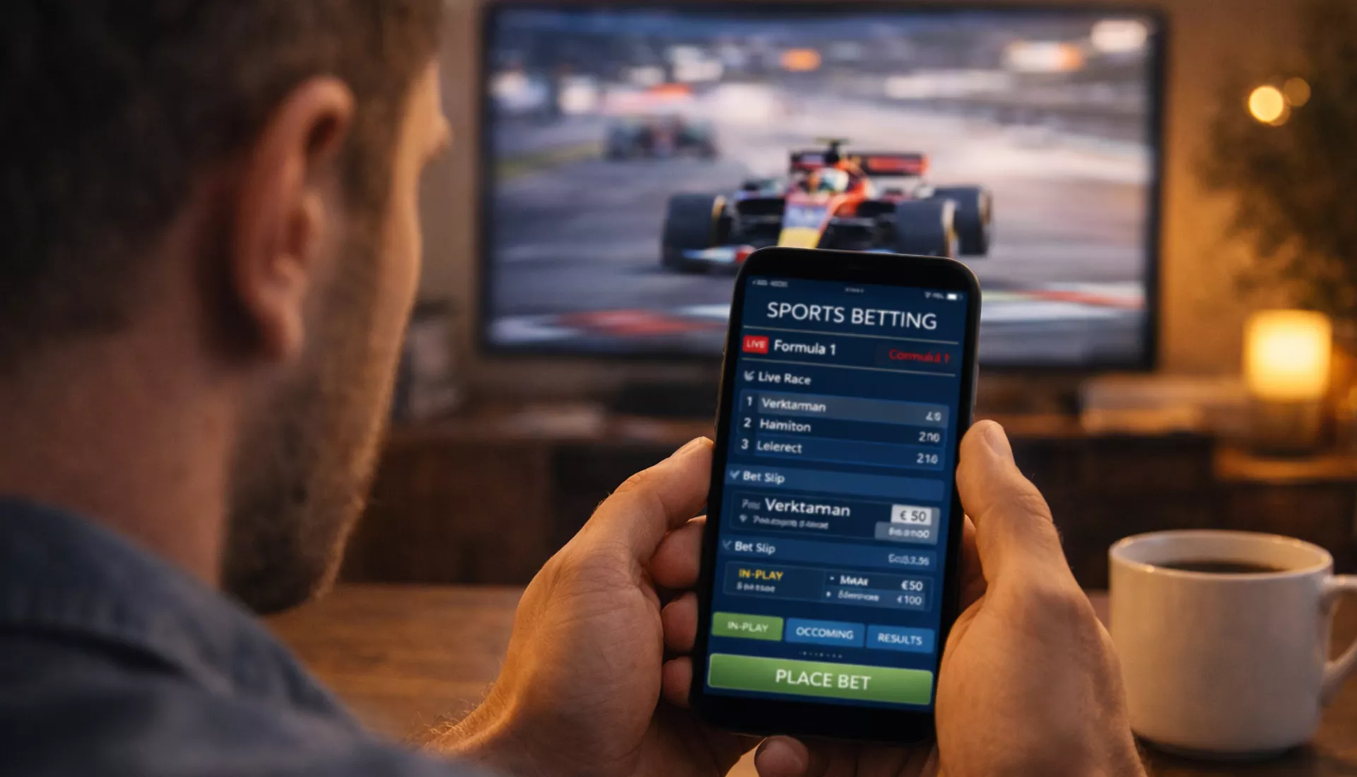 Persoon met smartphone die een Formule 1-race bekijkt en een weddenschap plaatst