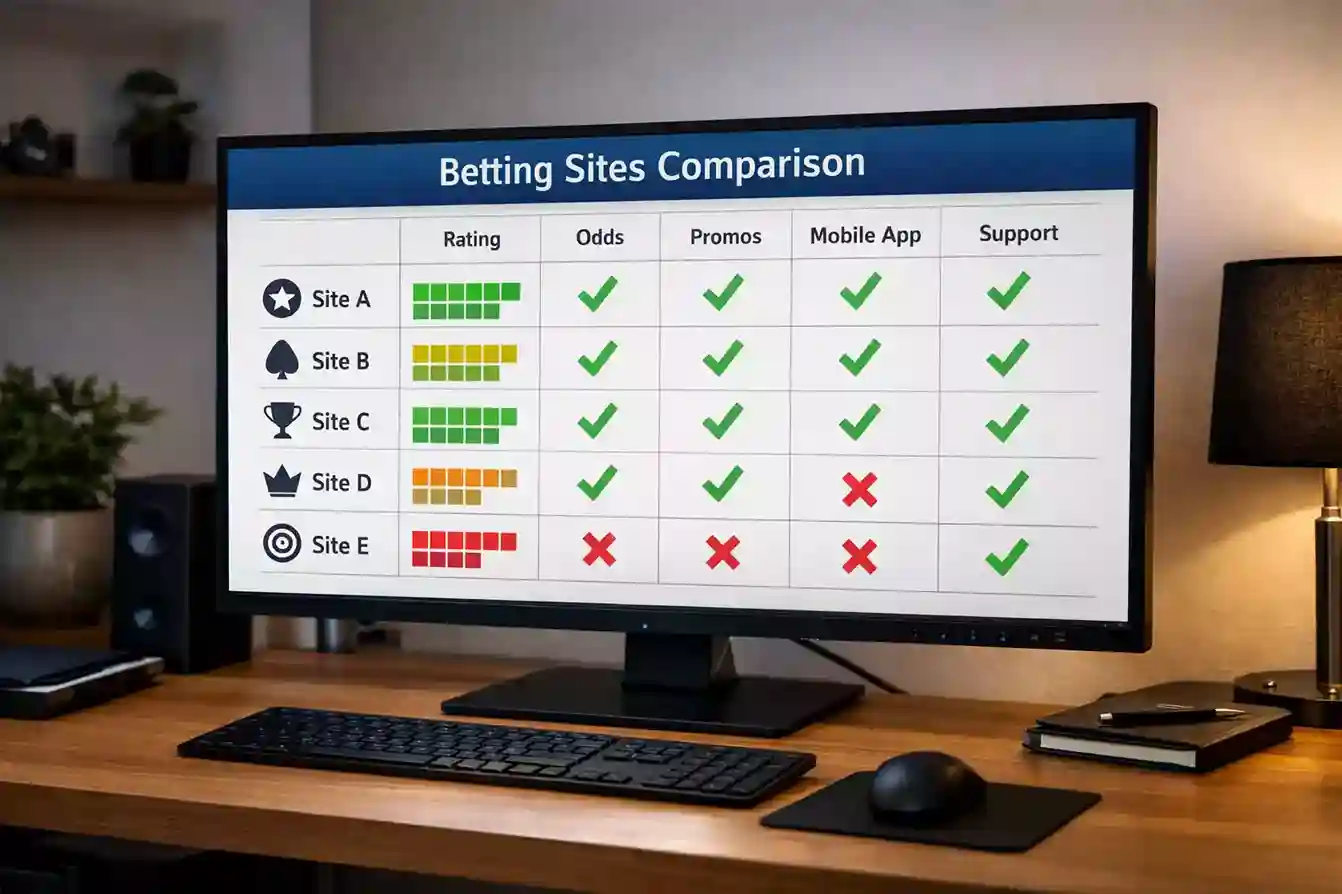 Vergelijkingstabel met bookmaker logo's op een scherm