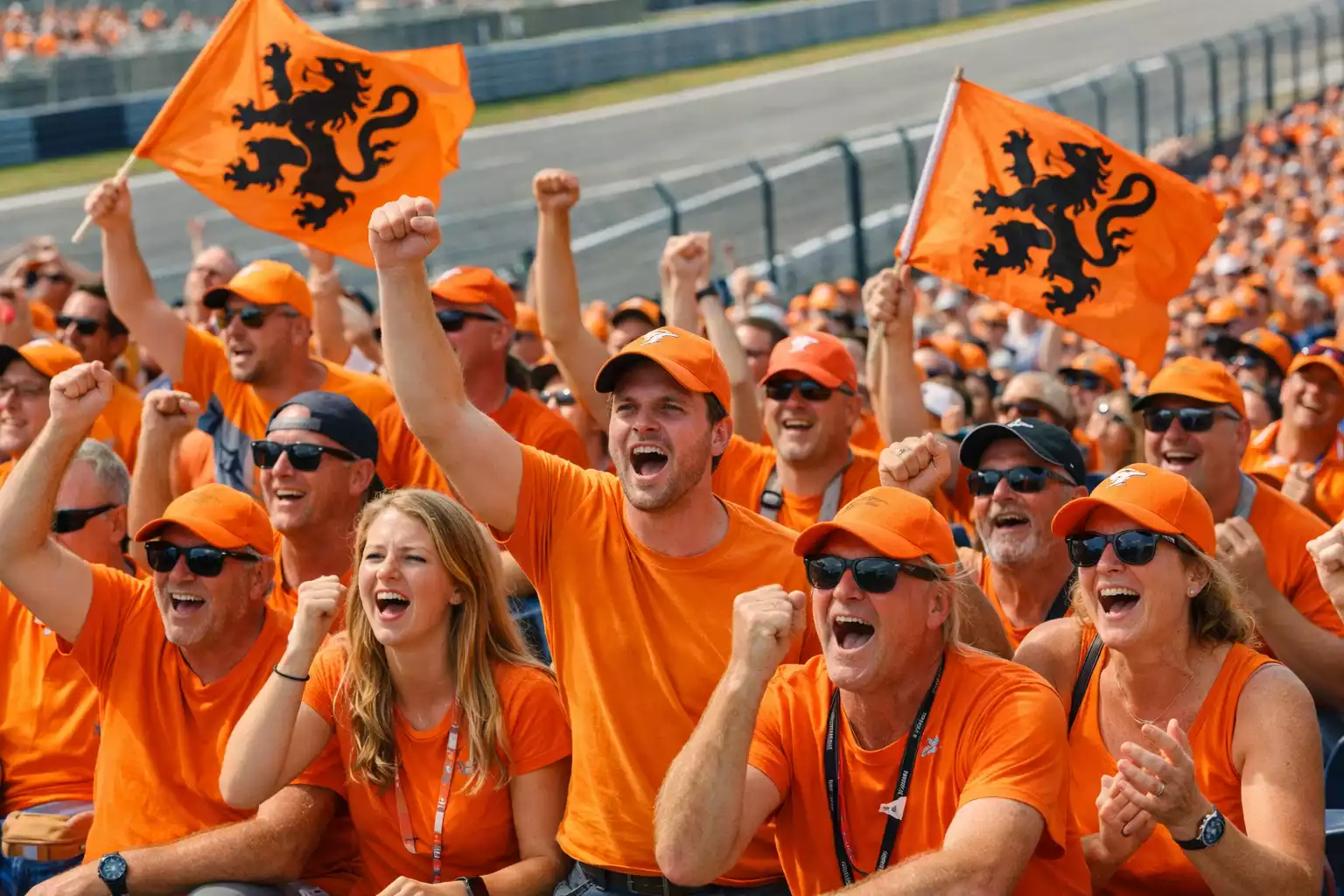 Enthousiaste Nederlandse F1-fans in oranje kleding op een tribune met vlaggen