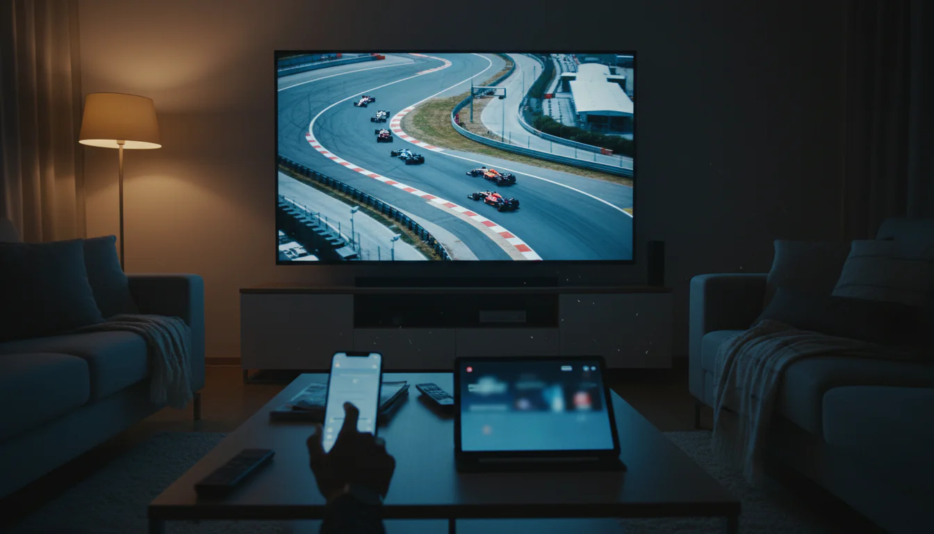 Woonkamer met televisie waarop een Formule 1-race draait en smartphone ernaast