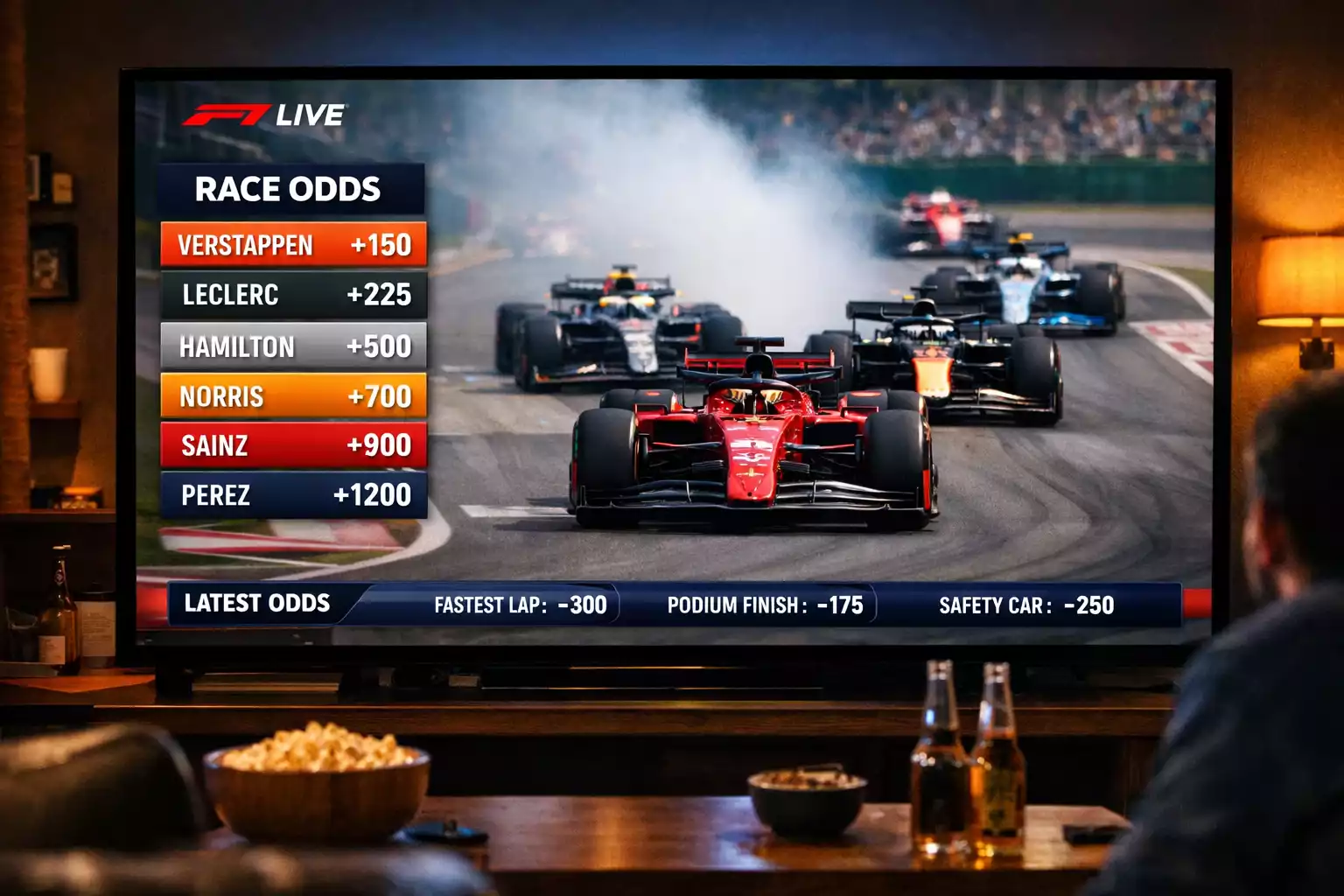 Live F1 race op groot scherm met wisselende odds overlay