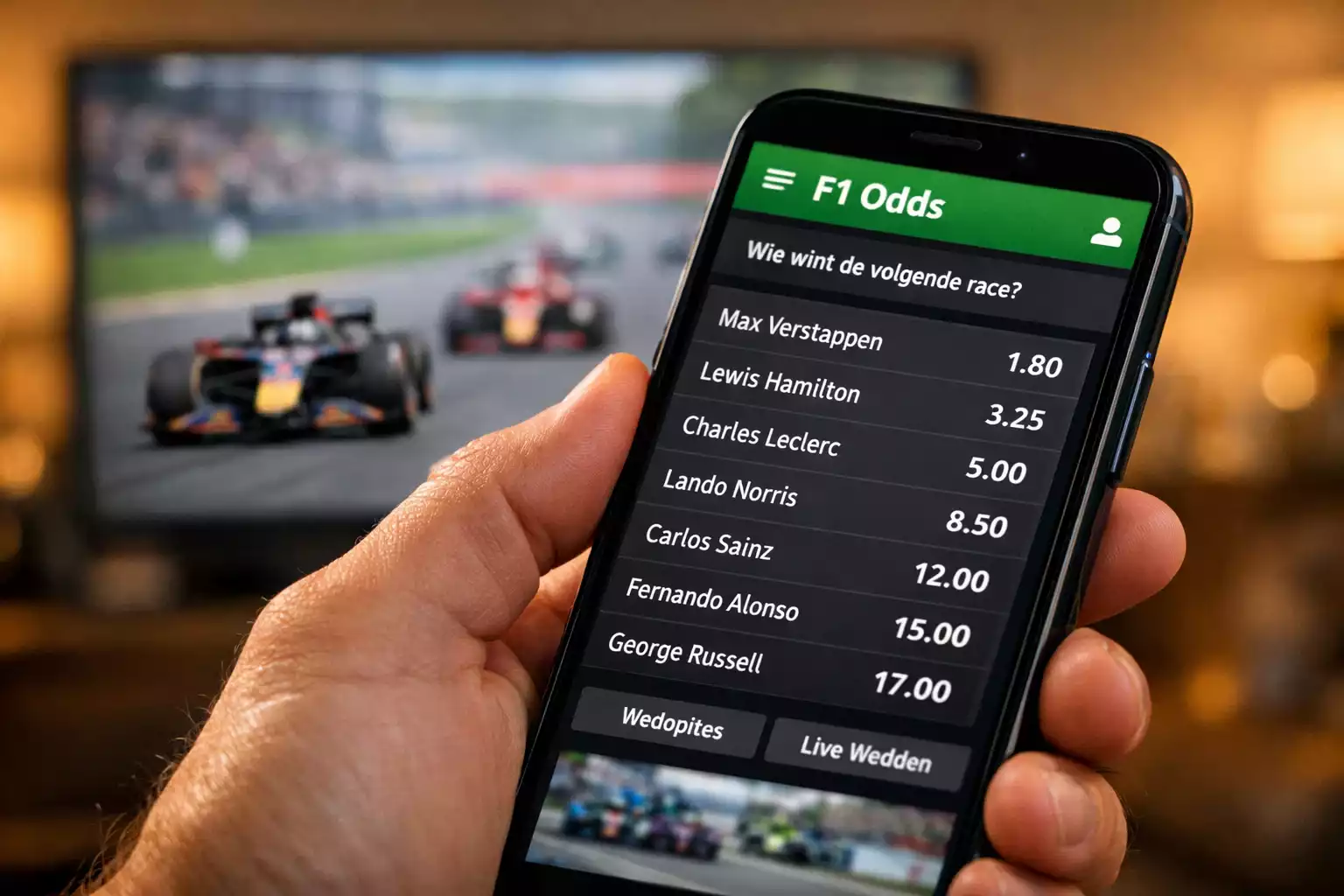 Weddenschap-app scherm met F1 odds en race op de achtergrond