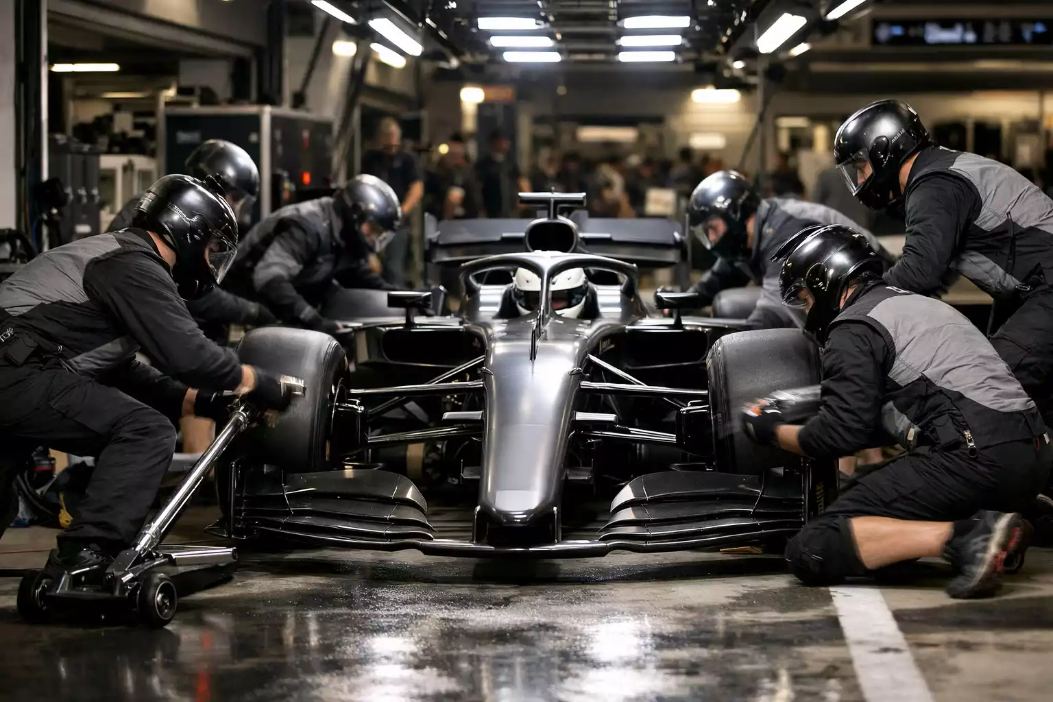Formule 1 pitstop met monteurs die banden wisselen tijdens een race