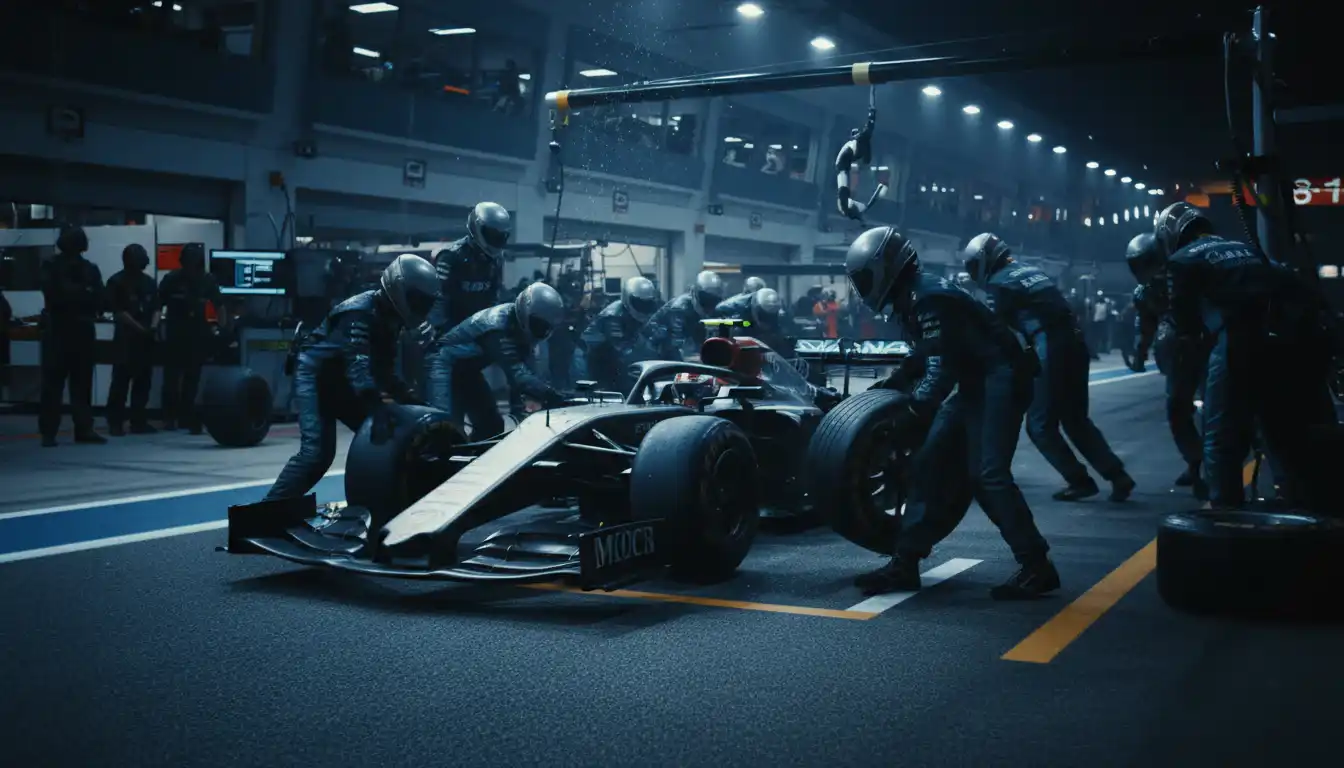 Formule 1-pitstop met monteurs die razendsnel banden wisselen