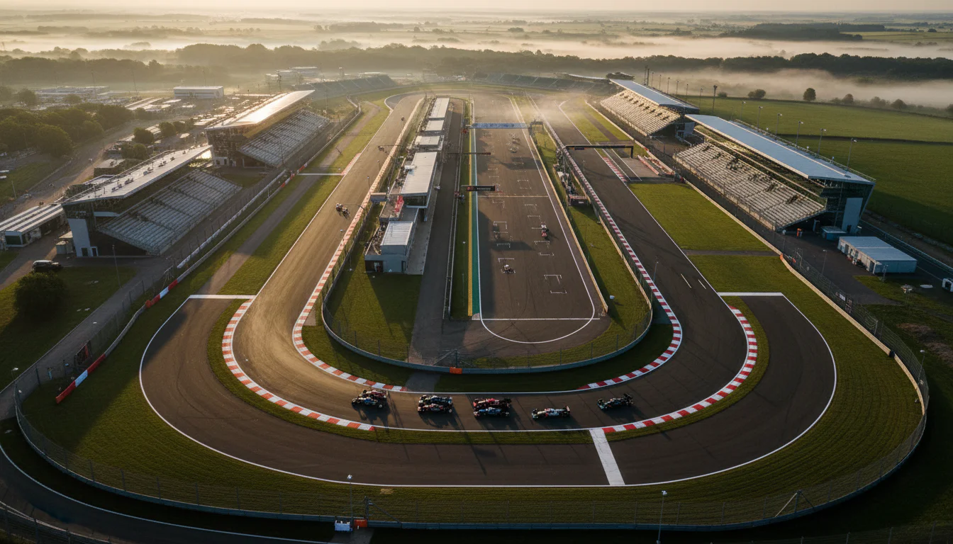 Overzicht van een Formule 1-circuit vanuit de lucht bij daglicht