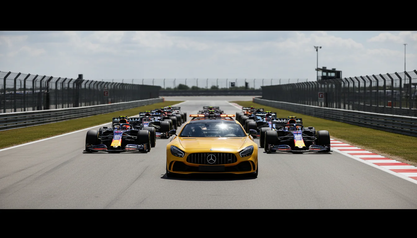 Formule 1 safety car met knipperende lichten op een racecircuit