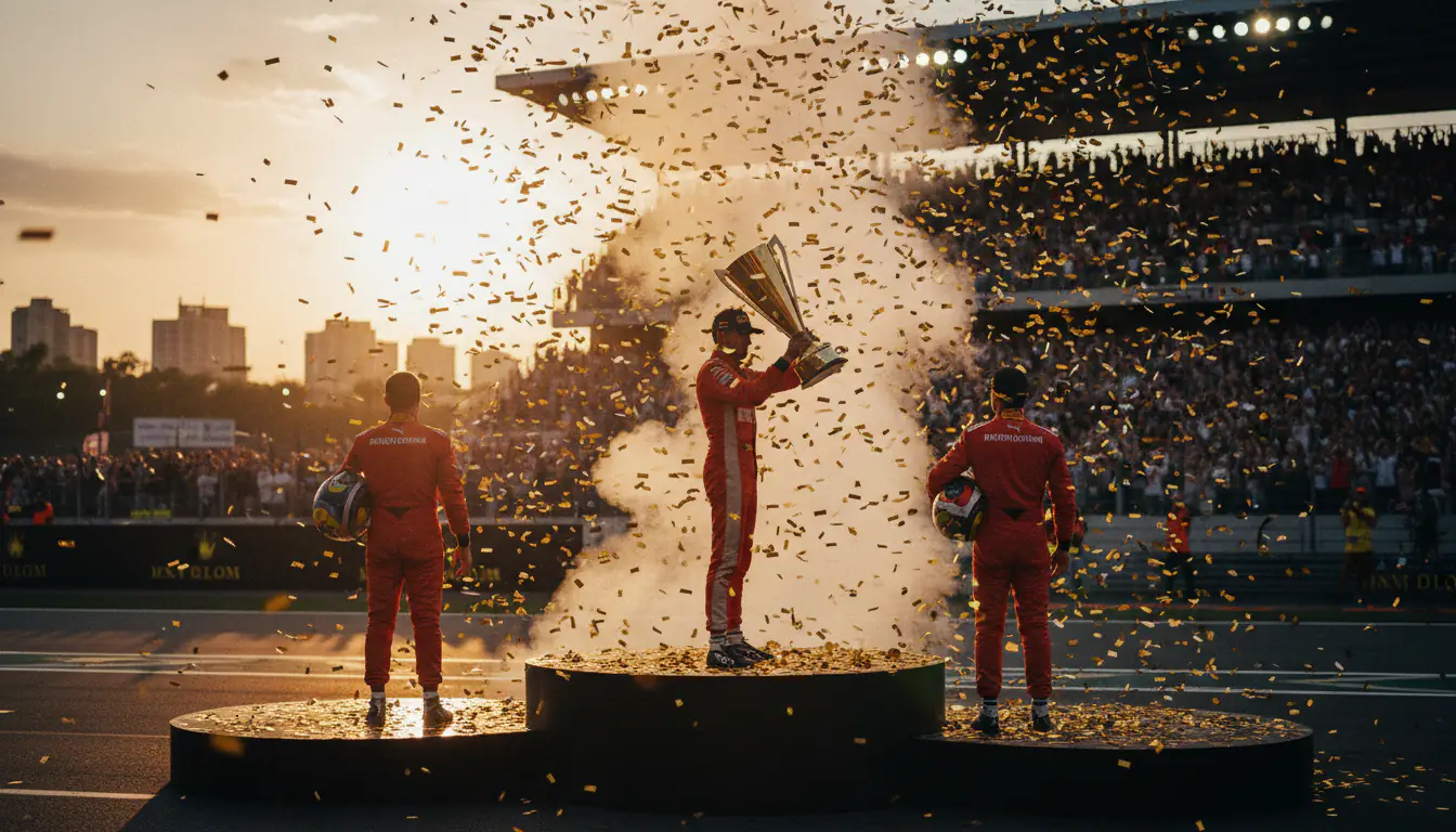 Formule 1-podiumceremonie met trofeeën en confetti na een Grand Prix