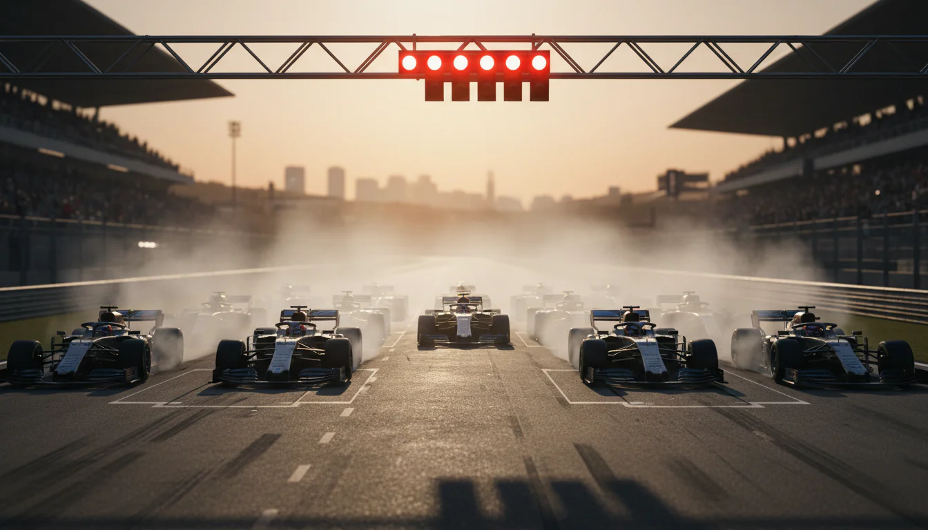 Formule 1-auto's bij de start van een sprintrace met oplichtende startlichten