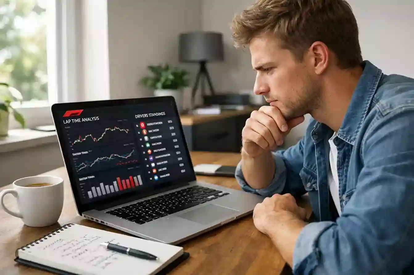 Man analyseert F1 statistieken op laptop met notitieblok erbij