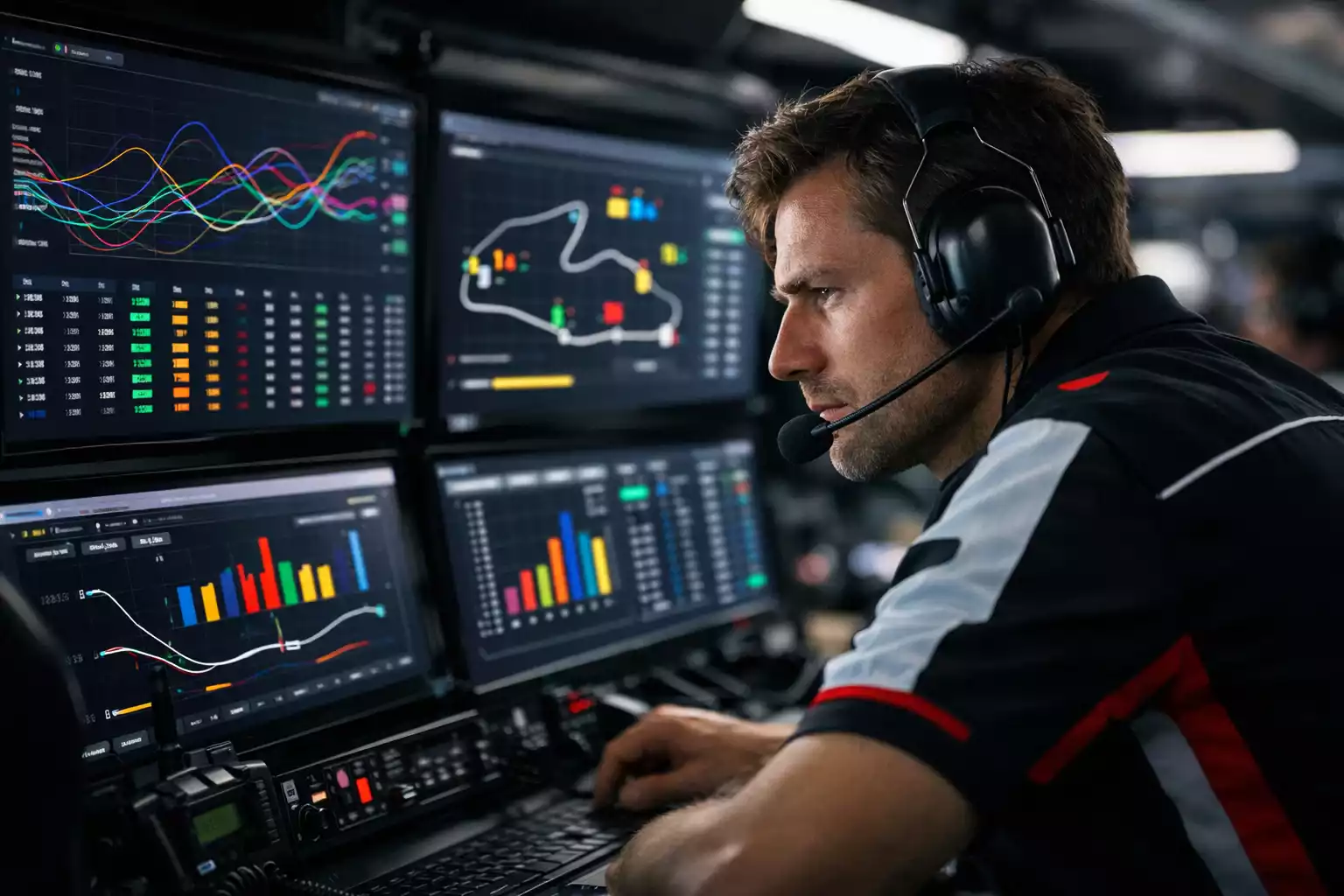 F1 team engineer met koptelefoon die data analyseert op monitors in de pitbox