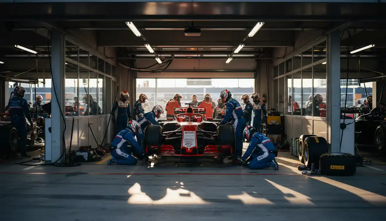 Formule 1-pitstraat met monteurs die aan een raceauto werken