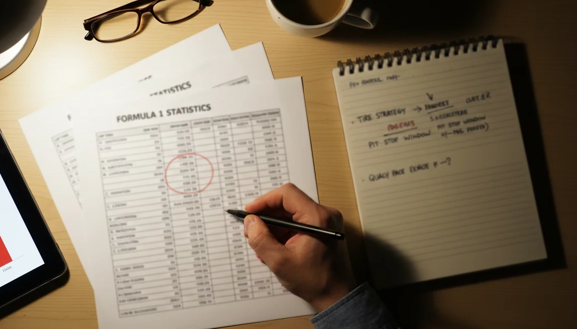 Persoon analyseert Formule 1-statistieken met notities en documenten