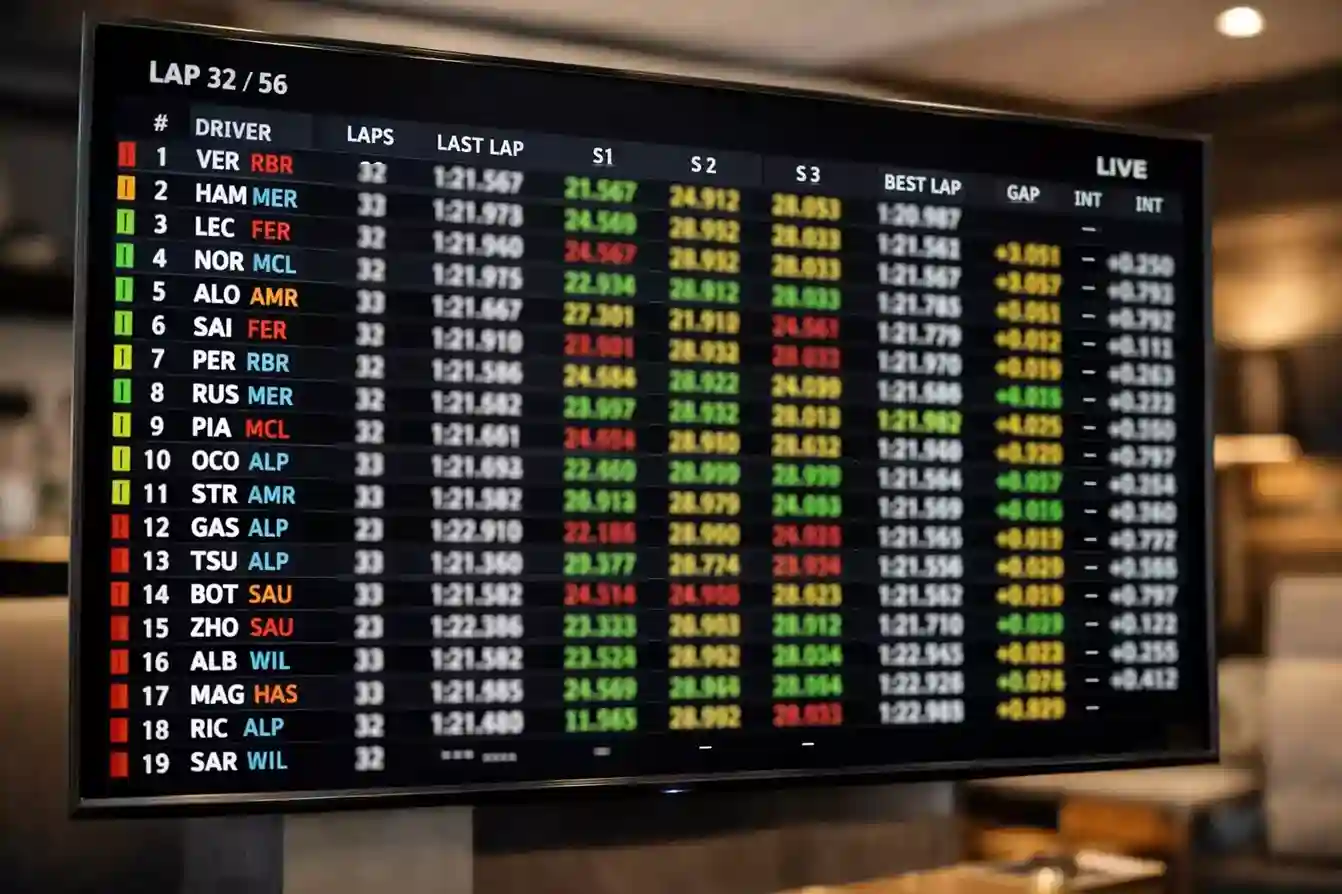 Live timing scherm toont F1 coureurs posities en rondetijden