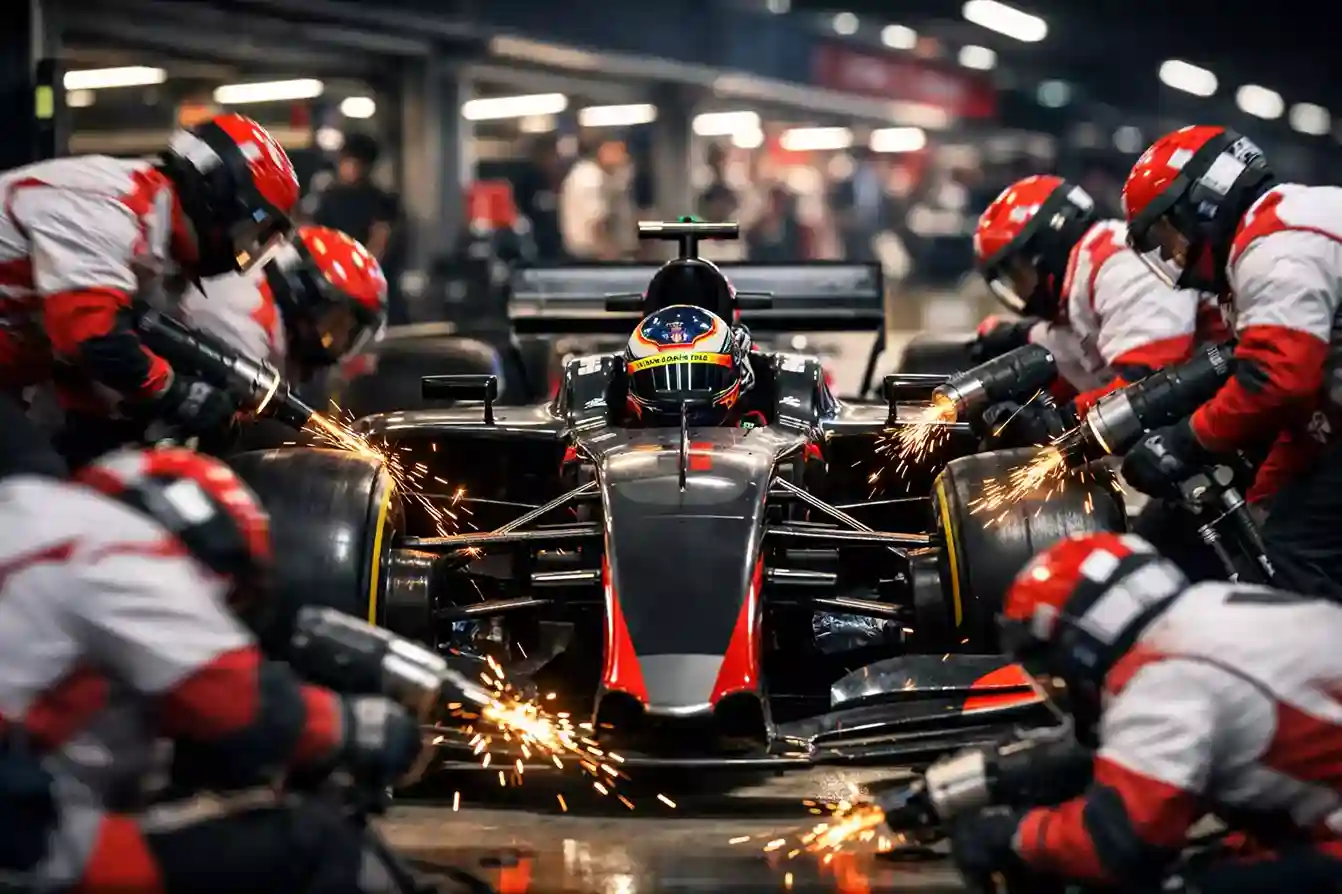 Coureur maakt pitstop terwijl monteurs banden verwisselen