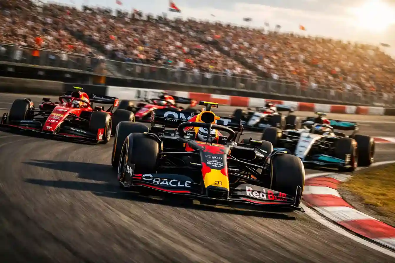 Formule 1 bolides racen door een bocht op een circuit met volle tribunes