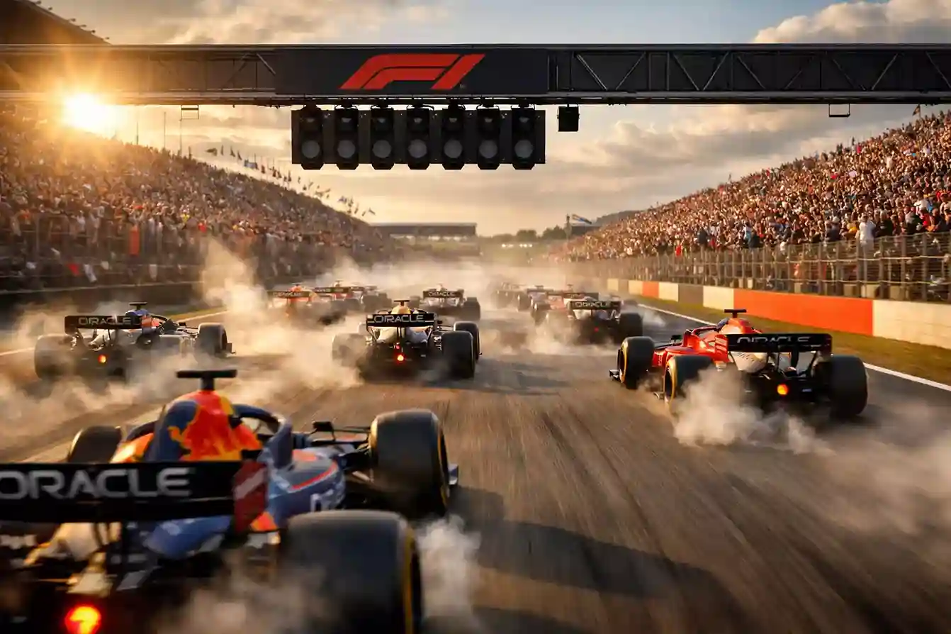 F1 bolides aan de start met groene lichten die uitgaan op het circuit