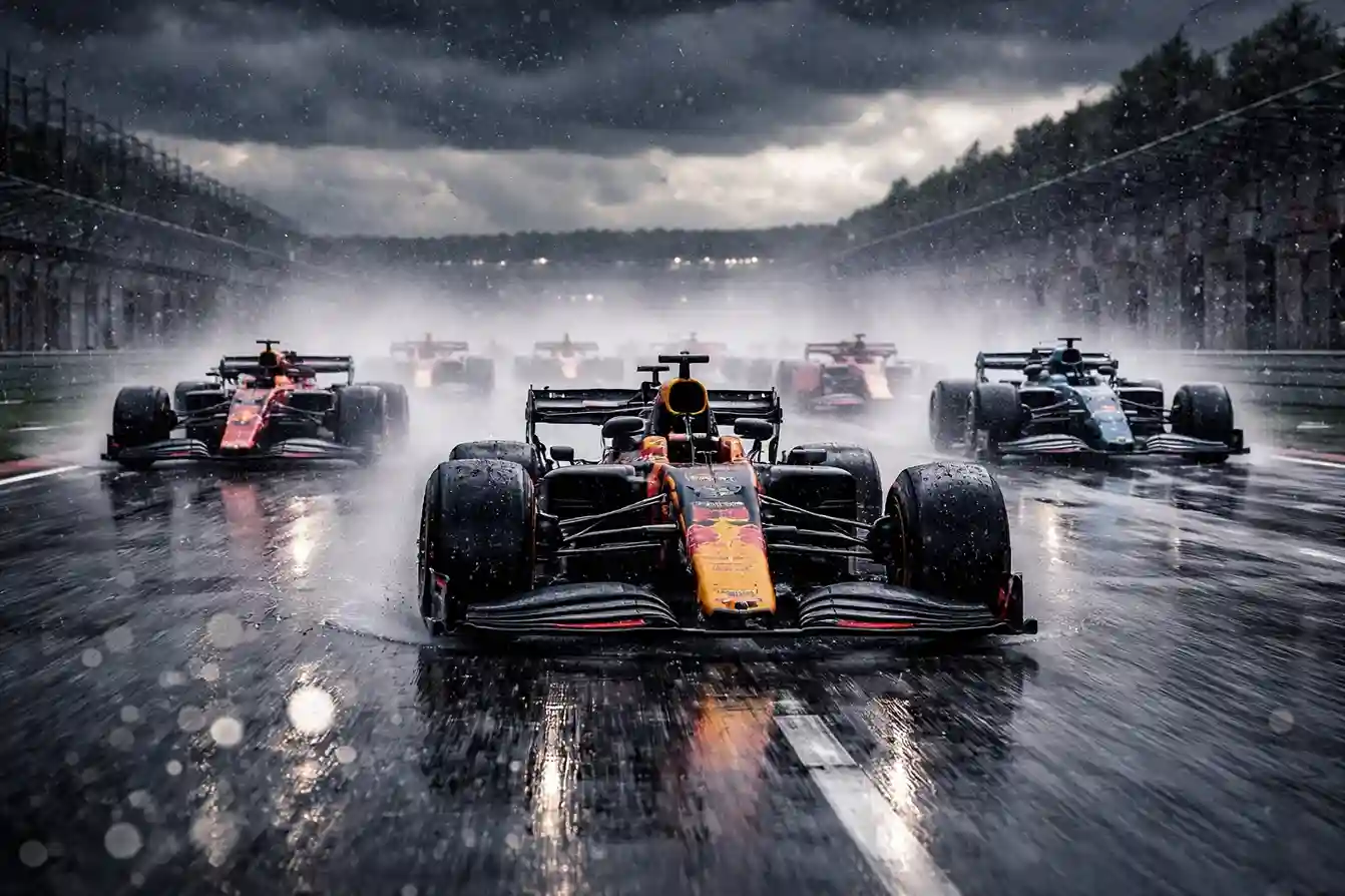 F1 coureur start vanaf tweede rij op een regenachtig circuit