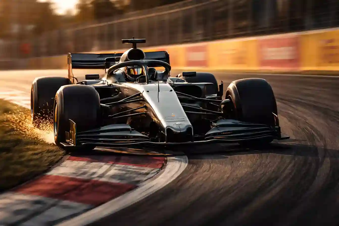 F1 bolide rijdt door iconische bocht met intense focus van de coureur