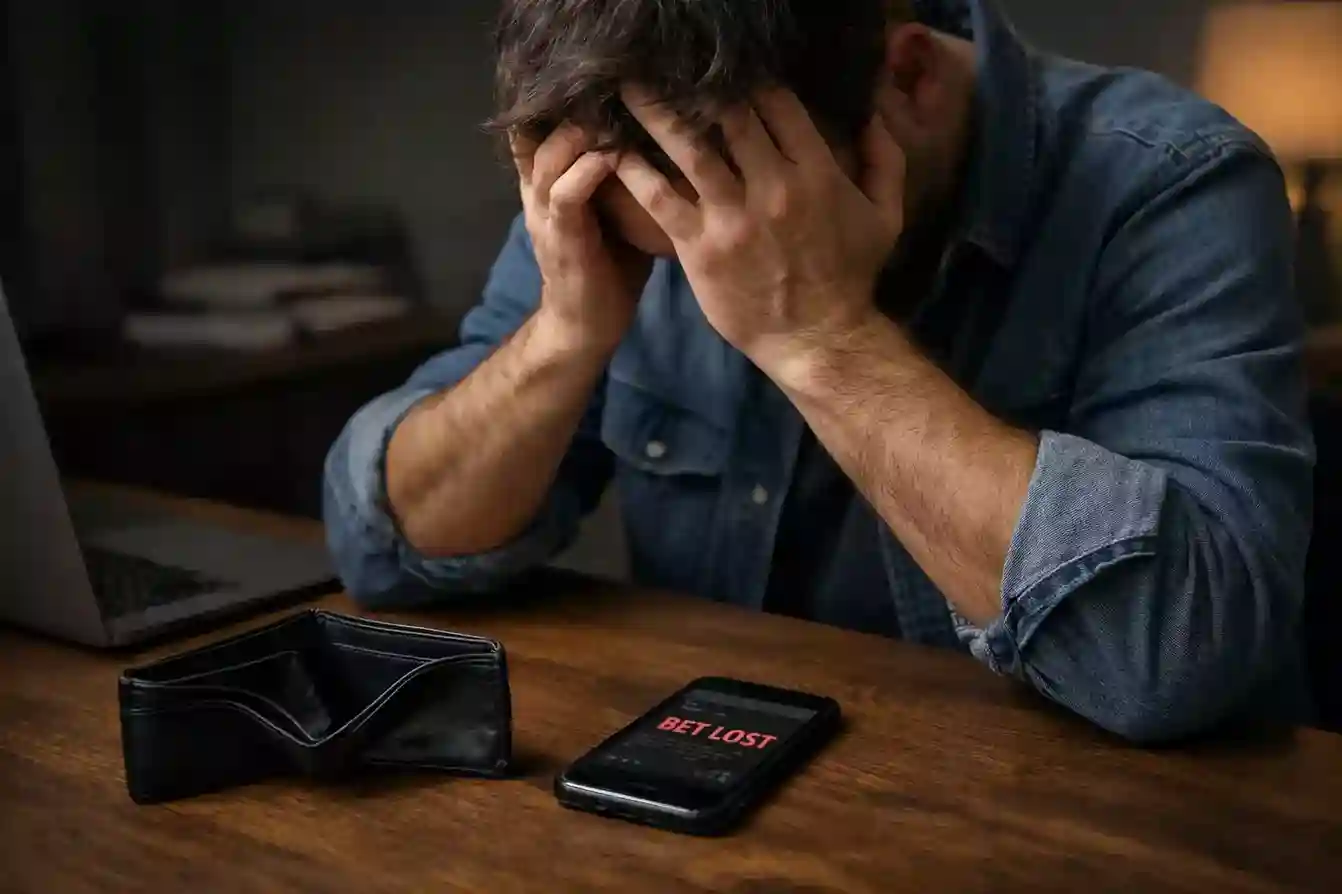 Persoon houdt hoofd vast na verloren weddenschap met lege portemonnee