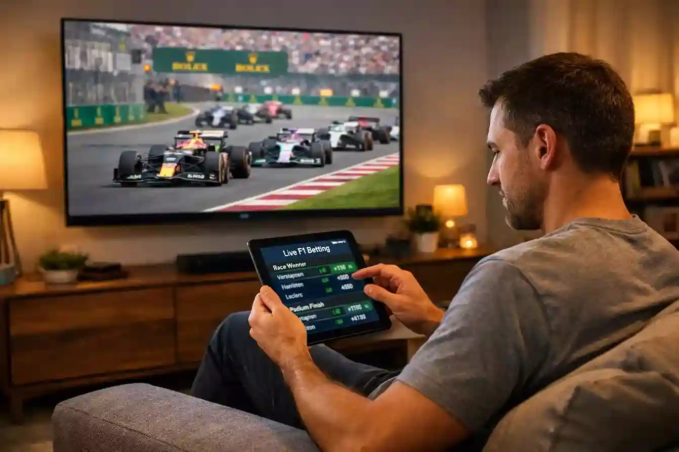 Man kijkt F1 race op televisie met tablet in de hand voor live wedden