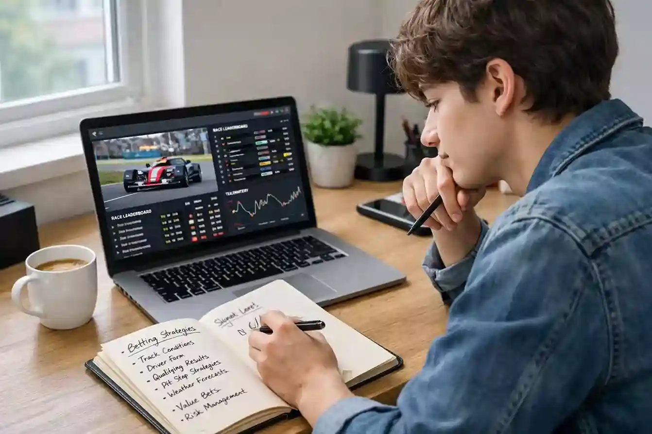 Jonge wedder maakt notities terwijl hij F1 race analyseert