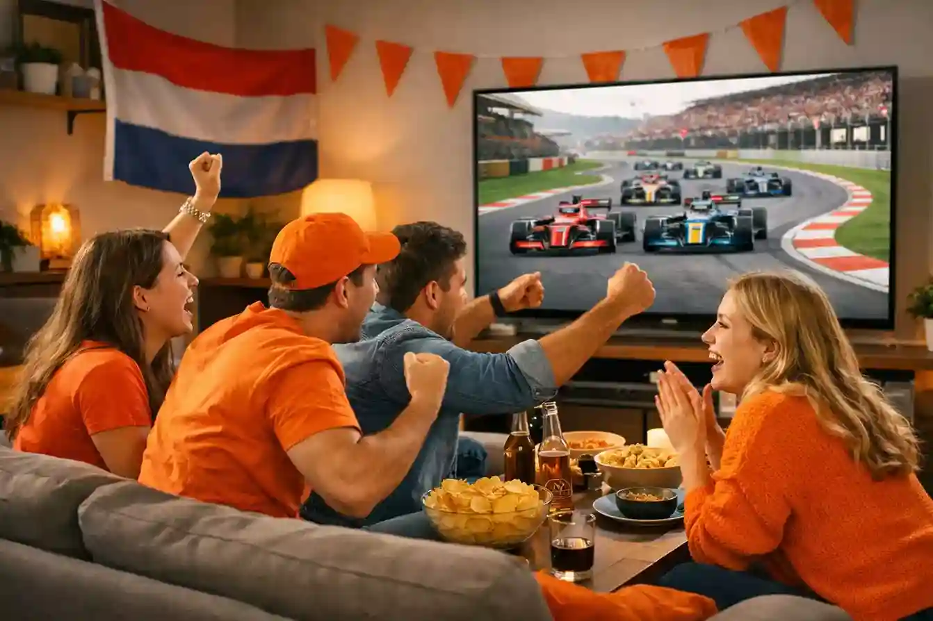 Groep vrienden kijkt samen naar F1 race in een woonkamer