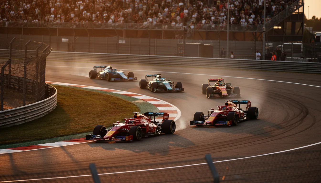 Formule 1-race in actie met meerdere auto's in een bocht