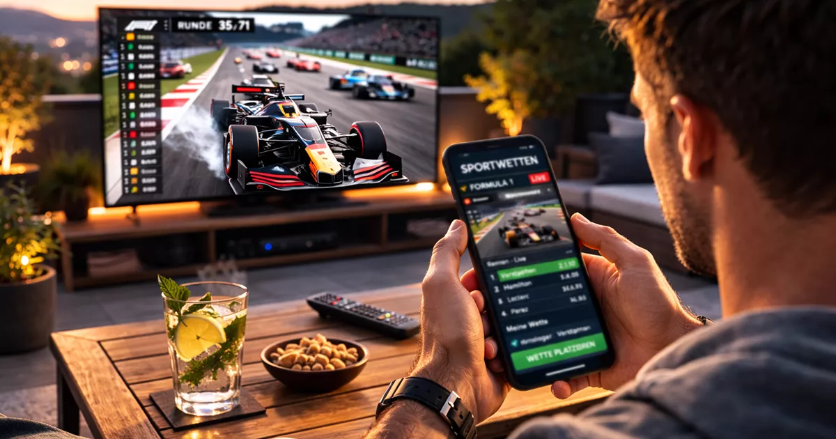 Smartphone met een Formule 1 weddenschaps-app geopend naast een tv met race