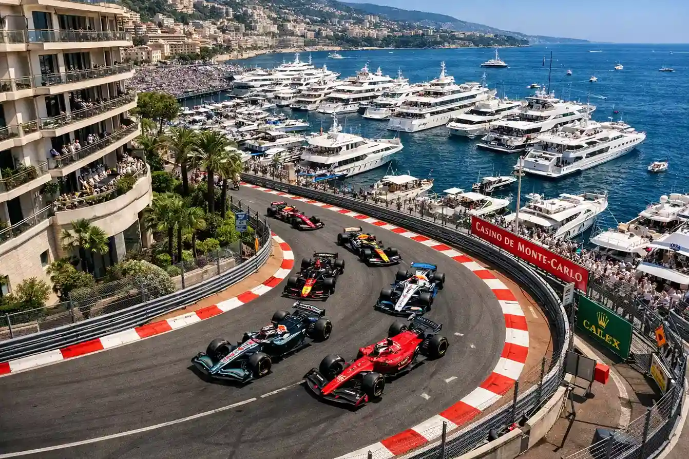 Monaco Grand Prix met F1 auto's door de nauwe straten