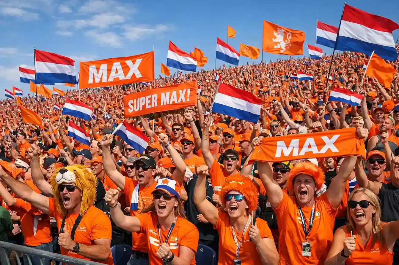 Nederlandse fans met oranje vlaggen juichen op de tribune