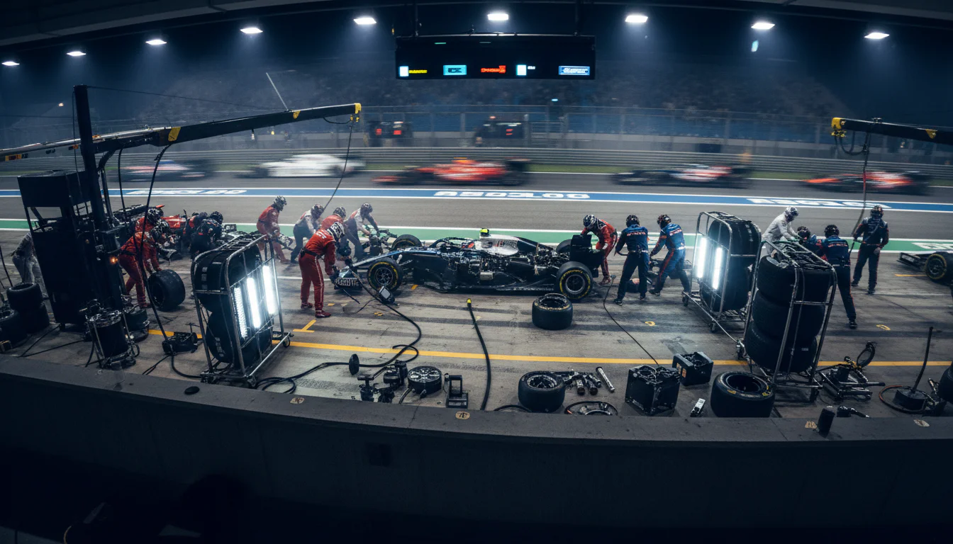 Formule 1-pitstraat met monteurs die werken aan een raceauto