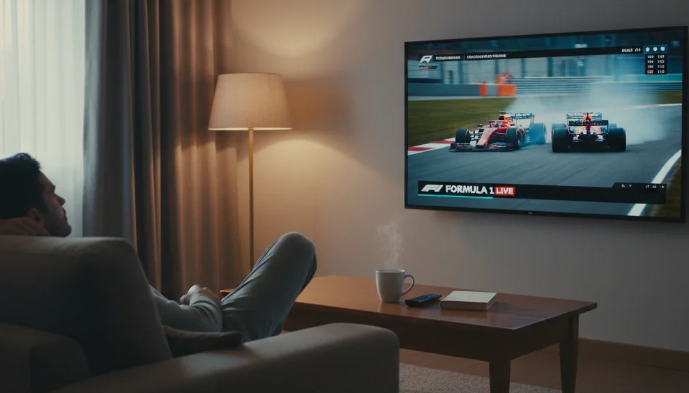 Persoon die rustig een Formule 1-race bekijkt op televisie