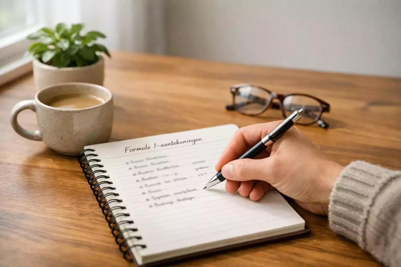 Hand die aantekeningen maakt in een notitieblok met een pen naast een kopje koffie