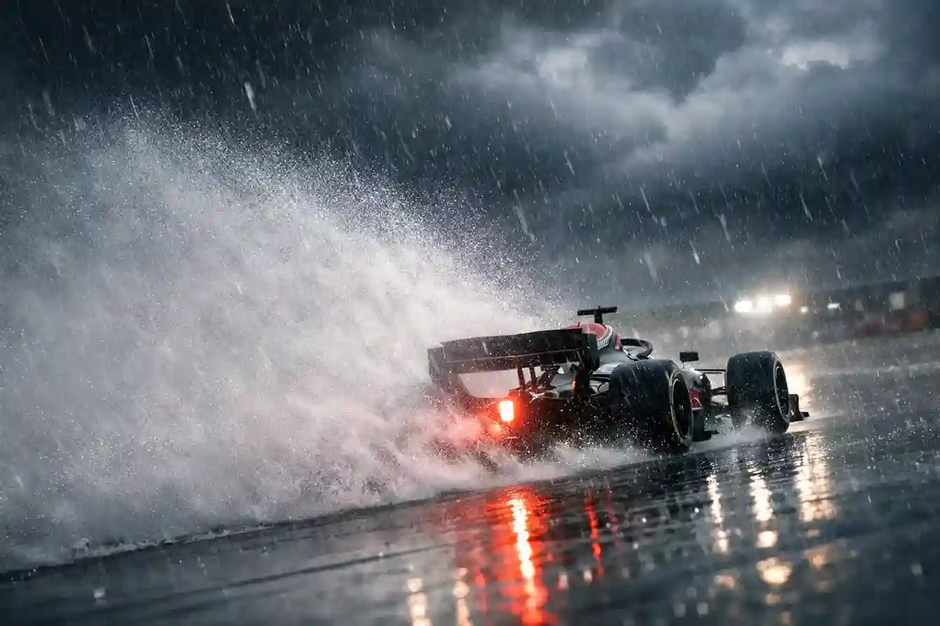 F1 bolide rijdt door de regen met opspattend water