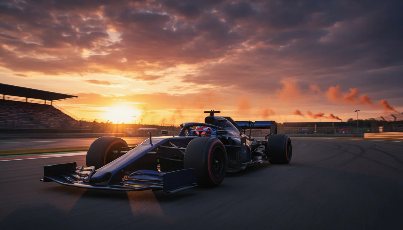 Max Verstappen-stijl Formule 1-auto op het circuit bij zonsondergang