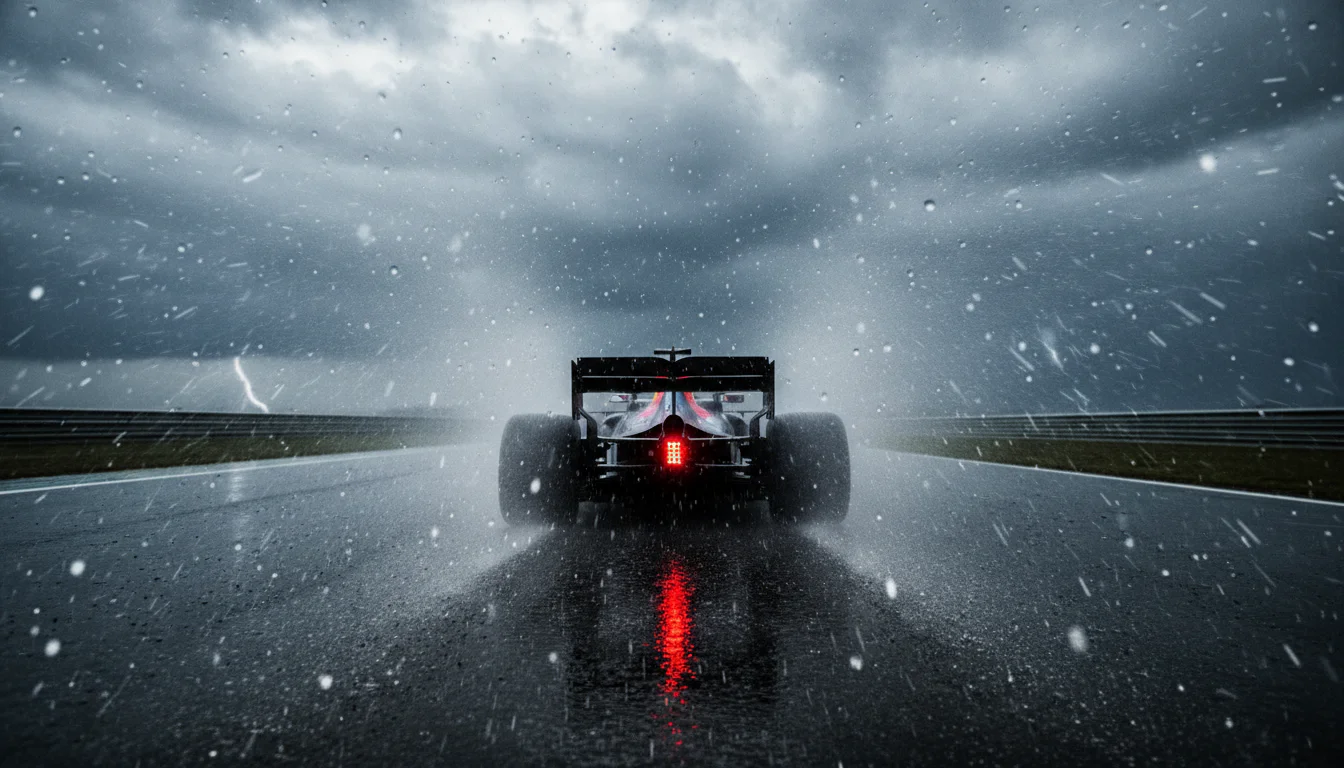 Formule 1-auto rijdt door een regenbui op een nat circuit met opspattend water